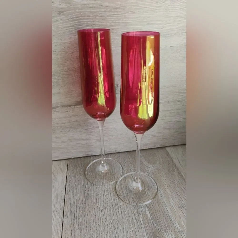 Vintage Red Cranberry Fluted Wine Glasses Set Of 2 Champagne Clear Stem